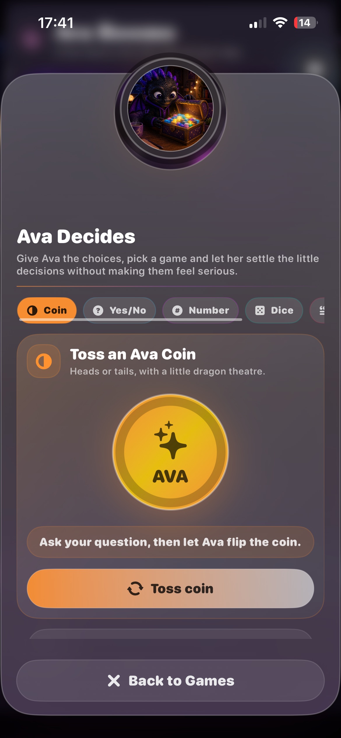 Ava Decides coin toss screen