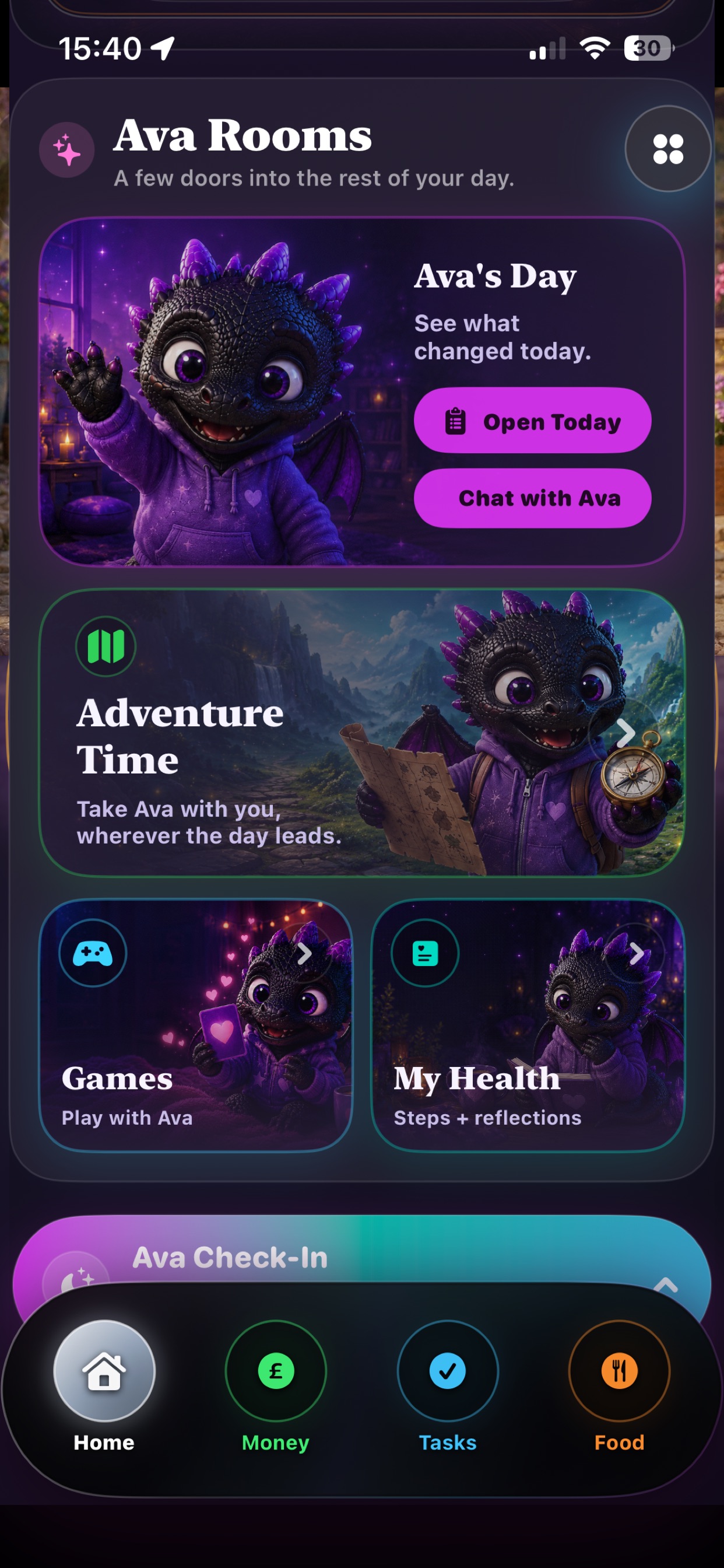 DoingOkay Ava Rooms page showing Ava’s Day, Adventure Time, Games and My Health
