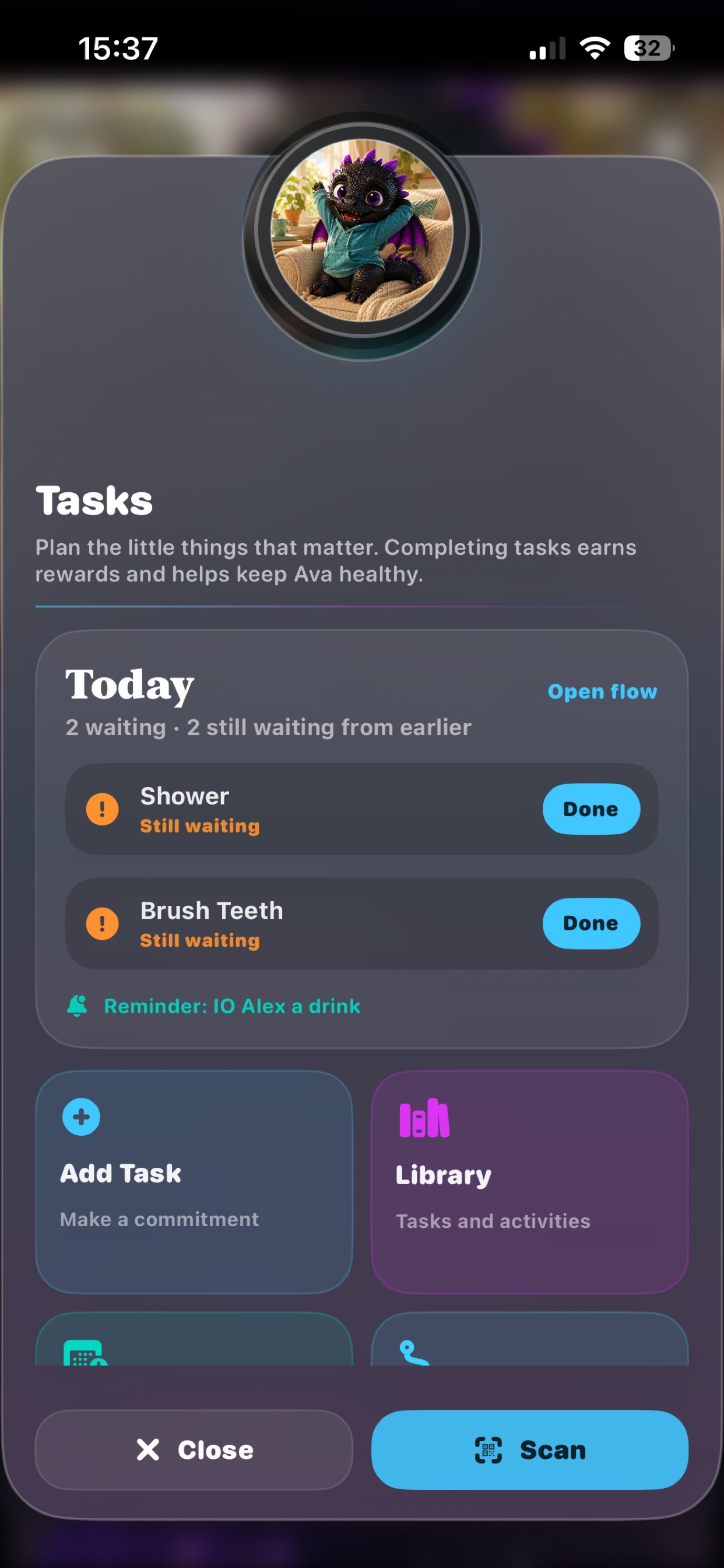 DoingOkay Tasks hub showing today’s commitments and task tools